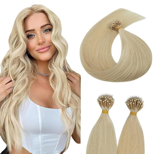 Nano Bond Human Hair Extensions - Nano Ring Hair Extensions; Silky Straight, Natural 50g/50 Stands, 22" Platinum Blonde