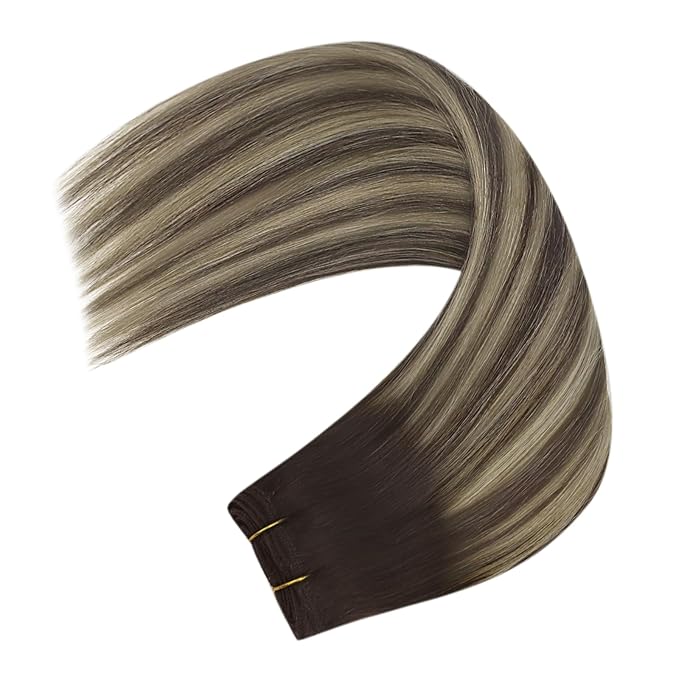 YoungSee Sew Hair Extensions Balayage Weft Real Hair Chocolate Brown with Ash Blonde Balayage Weft for a Stunning and Natural-Looking Hairstyle 24Inch 100G