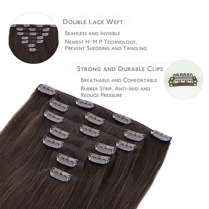 WENNALIFE Clip in Hair Extensions Real Human Hair, 22 Inch 120g 7pcs Light Dark Brown Hair Extensions Clip in Human Hair Remy Clip in Hair Extensions Real Human Hair Double Weft