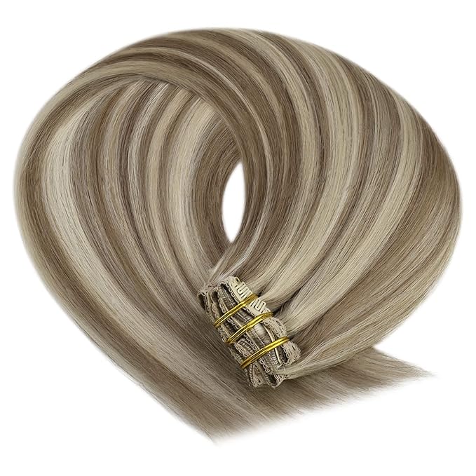 YoungSee Clip in Extensions Highlight Clip on Hair Extensions Human Hair Brown with Blonde Highlights Soft Clip in Hair Extensions Real Human Hair Save Styling Time 16Inch 7Pcs 120G
