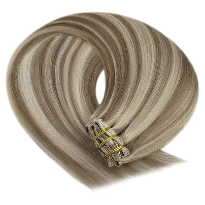 YoungSee Clip in Extensions Highlight Clip on Hair Extensions Human Hair Brown with Blonde Highlights Soft Clip in Hair Extensions Real Human Hair Save Styling Time 16Inch 7Pcs 120G