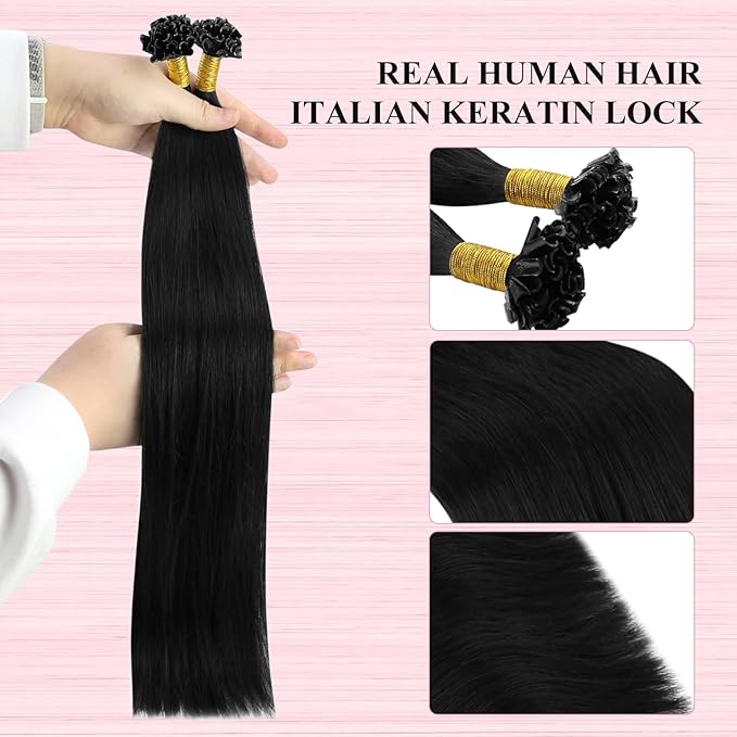 YoungSee Black U tip Hair Extensions Black U Tips Human Hair Extensions Jet Black 16In 50s/50g