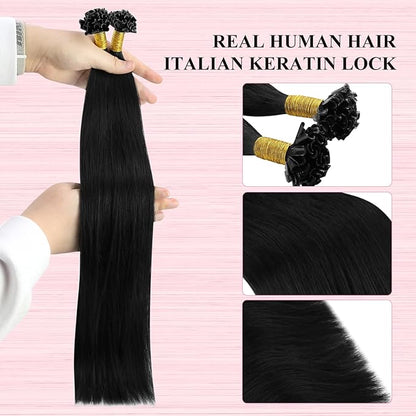 YoungSee Black U tip Hair Extensions Black U Tips Human Hair Extensions Jet Black 16In 50s/50g