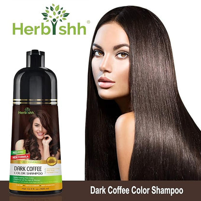 Herbishh Hair Color Shampoo for Gray Magic Dye Colors in Minutes Long Lasting 500ml 3-In-1 Color Ammonia-Free (Dark Coffee)