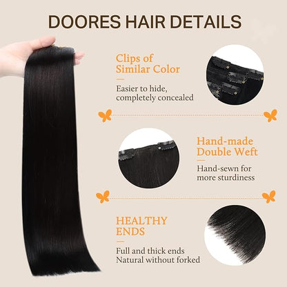 DOORES Hair Extensions Clip in Human Hair, Natural Black 135g 7pcs 16 Inch, Thick Remy Clip in Hair Extensions for Women Straight Weft