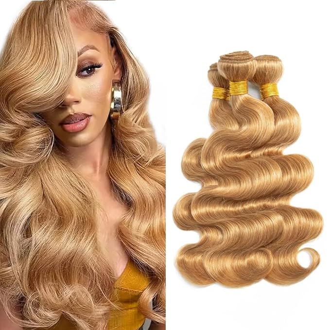 #27 Blonde Bundles Body Wave Human Hair Bundles 28 30 32 Inch Unprocessed Brazilian Virgin Hair Weave 3 Bundles Honey Blonde Human Hair Extensions For Woman 50 Grams Per Bundle