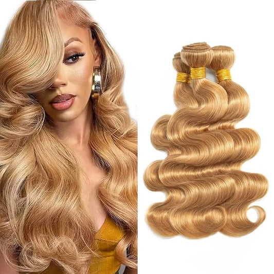 #27 Blonde Bundles Body Wave Human Hair Bundles 28 30 32 Inch Unprocessed Brazilian Virgin Hair Weave 3 Bundles Honey Blonde Human Hair Extensions For Woman 50 Grams Per Bundle