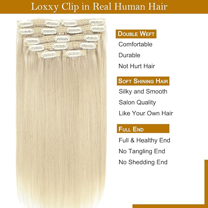 Loxxy 16 Inch Platinum Blonde Hair Extensions Clip in Human Hair 9A Grade Brazilian Human Hair Extension Big Thick Silky Straight Clip in Human Hair For Women #60A 120g 7 Pieces 16 clips