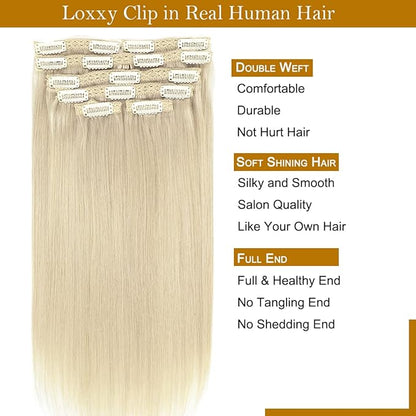 Loxxy 16 Inch Platinum Blonde Hair Extensions Clip in Human Hair 9A Grade Brazilian Human Hair Extension Big Thick Silky Straight Clip in Human Hair For Women #60A 120g 7 Pieces 16 clips