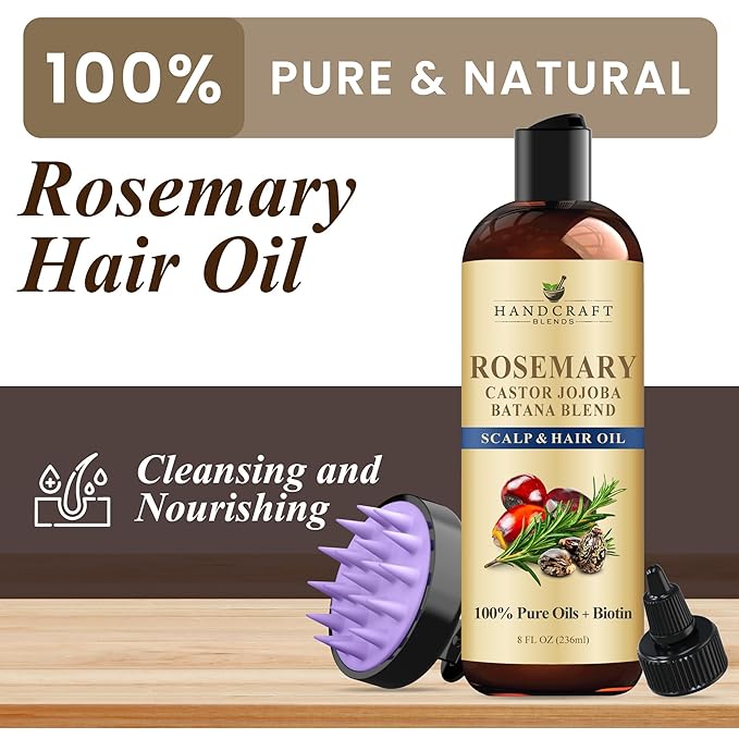 Handcraft Blends Rosemary Oil for Hair Growth with Scalp Massager – 8 Fl Oz – Nourishing Hair Oil – Made with 100% Pure and Natural Rosemary, Castor, Jojoba, and Batana Oils & Biotin