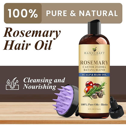 Handcraft Blends Rosemary Oil for Hair Growth with Scalp Massager – 8 Fl Oz – Nourishing Hair Oil – Made with 100% Pure and Natural Rosemary, Castor, Jojoba, and Batana Oils & Biotin