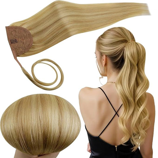 RUNATURE Ponytail Extension Real Human Hair, Blonde Highlight Human Hair Ponytail for Women, Wrap Around Hairpiece with Magic Paste, 12 Inch 70g #16P24 Golden Blonde Highlights