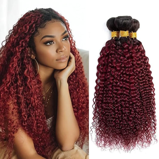 Color 1B99j Curly Bundles #1B Mixed With 99j Curly Bundles two tone Brazilian Hair Extensions Soft and Silky for Women 22 24 26 Inch