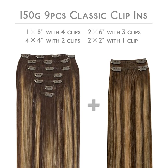 WENNALIFE Clip in Hair Extensions, 150g 22 Inch 9pcs Balayage Chocolate Brown to Honey Blonde Human Hair Extensions Thicker Clip in Hair Extensions Real Human Hair Clip Set Double Weft
