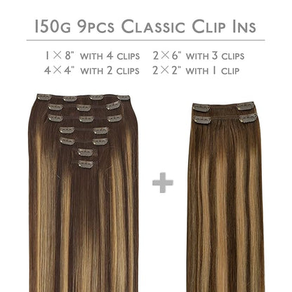 WENNALIFE Clip in Hair Extensions, 150g 22 Inch 9pcs Balayage Chocolate Brown to Honey Blonde Human Hair Extensions Thicker Clip in Hair Extensions Real Human Hair Clip Set Double Weft