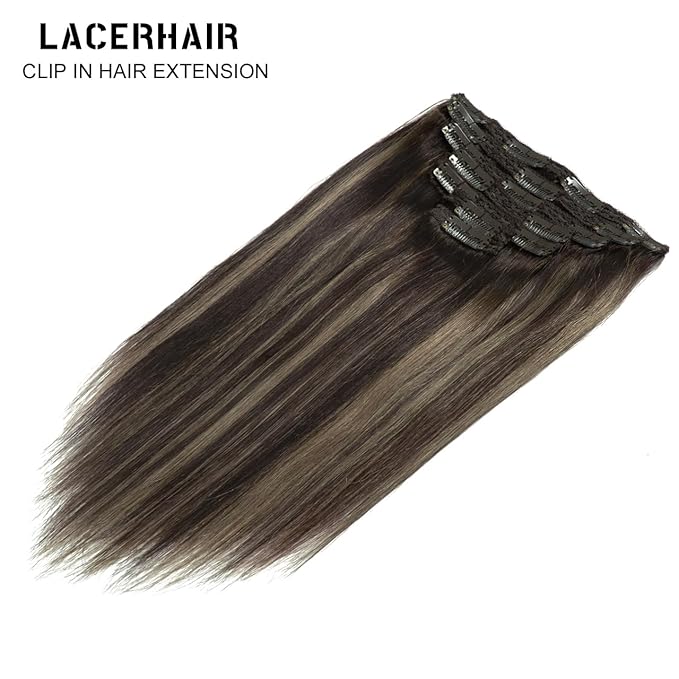 Lacer New Version Thick Hair Extensions Clip in Human Hair Silky Straight Dark Brown to Medium Brown Highlight Dark Brown R#2-2/6 140g 7pcs with 16 Clips per Set 22 Inch