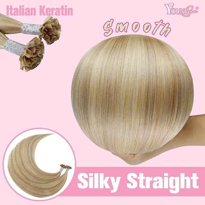 YoungSee K Tip Hair Extensions Human Hair Blonde Highlight Ktip Human Hair Extensions Golden Blonde Highlight 16inch 50s/50g