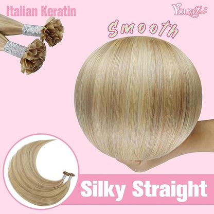 YoungSee K Tip Hair Extensions Human Hair Blonde Highlight Ktip Human Hair Extensions Golden Blonde Highlight 16inch 50s/50g