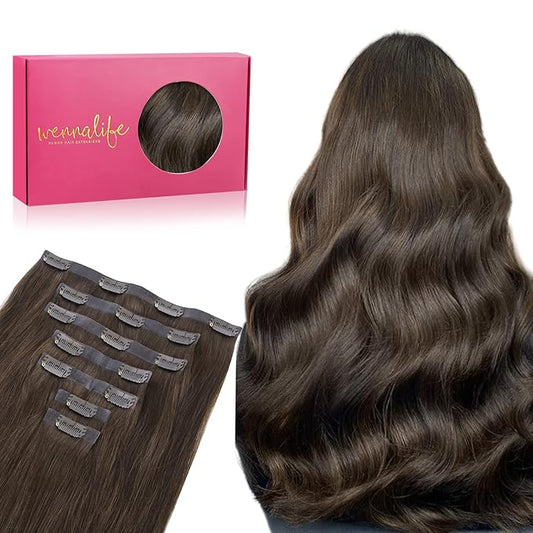 WENNALIFE Seamless Clip In Hair Extensions, 14 Inch 130g 7pcs Light Dark Brown Hair Extensions Clip in Human Hair Invisible PU Skin Weft Natural Remy Human Hair Extensions