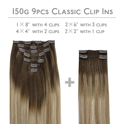 WENNALIFE Clip in Hair Extensions, 150g 14 Inch 9pcs Ombre Walnut Brown to Ash Brown and Bleach Blonde Human Hair Extensions Thicker Clip in Hair Extensions Real Human Hair Clip Set Double Weft