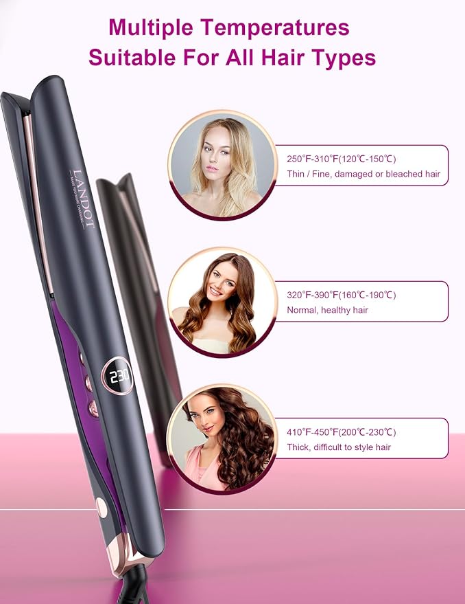 LANDOT 2-in-1 Hair Straightener and Curler - Twist Flat Iron Curling Iron for Smooth Curls & Sleek Straight Salon Results - Dual Voltage Ceramic Straightener Adjustable Temp for All Hair Types