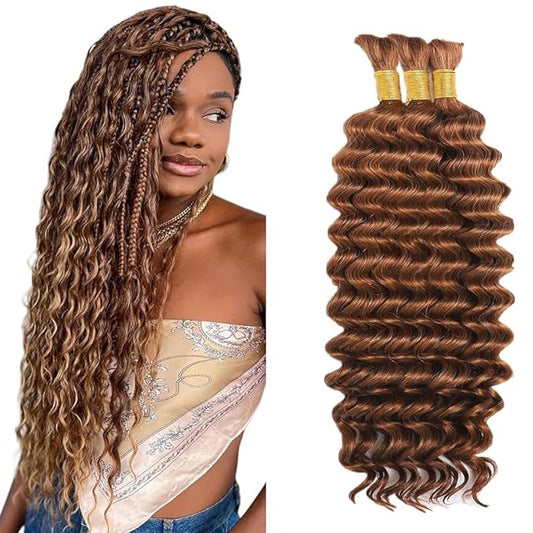 #30 Brown Human Braiding Hair Deep Wave Bulk 22 22 22 Inch Human Hair Weave 3 Bundle Unprocessed Brazilian Virgin Hair Light Brown Deep Curly Braiding Hair Extensions 50 Grams/Bundle