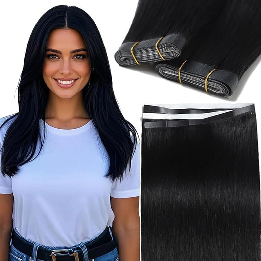 Lacer One Piece Tape in Hair Extensions 16inch Wide Tape ins Hair Extensions Jet Black Invisible Extensions 50 Grams DIY One Piece Tape ins Weft Natural Hair for Women 31.5" (80cm)