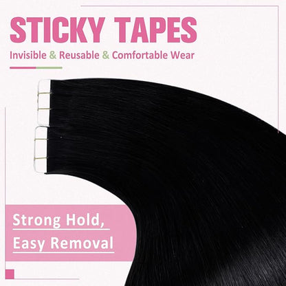 YoungSee Tape in Hair Extensions Human Hair Black Tapein Hair Extensions Real Human Hair Jet Black 20pcs 50g Black Human Hair Tape in Extensions Silky Straight 18 Inch Remy Hair Extensions Seamless