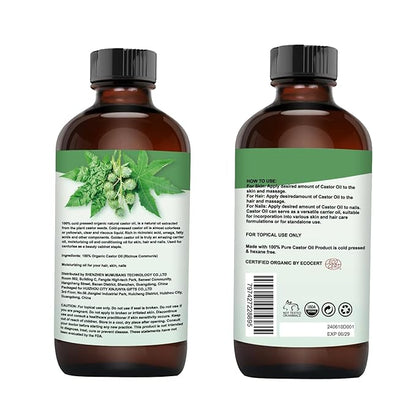 Organic Castor Oil (8.45oz Glass bottle) USDA Certified 100% Pure Natural, Cold Pressed, Hexane Free. Castor Oil for Hair Growth, Thicker Lashes & Fuller Brows