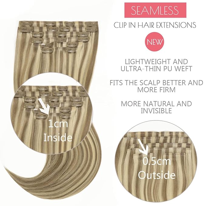 Loxxy Real Hair Extensions Clip in Human Hair 16Inch 130G Light Brown Mixed With Platinum Blonde Invisible Seamless Clip in Hair Extensions Remy Human Hair 7Pcs Silky Straight For Women