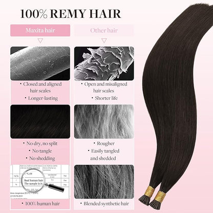 MAXITA I Tip Hair Extensions Human Hair,50g/100s Dark Brown 16 Inch Comfortable Wear, Invisible & Natural Cold Fusion, 100% Remy Human Hair Itip Keratin Hair Extensions