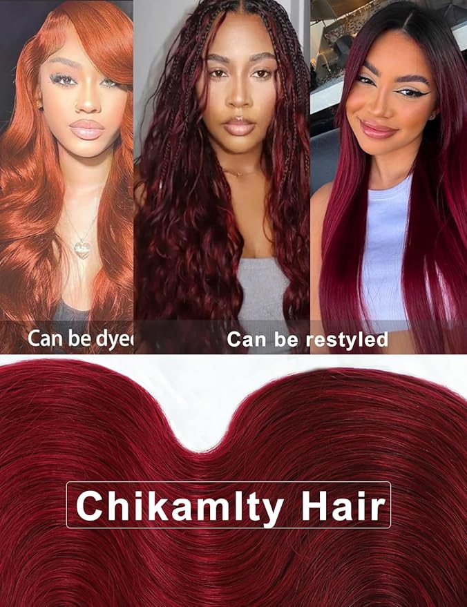 Ombre Bundles Human Hair, 13A Raw Indian Hair Bundles Body Wave, 28 Inch Colored 1B99J Burgundy Red Human Hair Bundles, Triple Service Life Keep Texture Silky Soft Tangle-Free