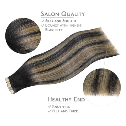 WENNALIFE Tape in Hair Extensions Human Hair, 40pcs 100g 24 inch Balayage Natural Black to Light Blonde Hair Extensions Real Human Hair Straight Tape in Extensions Invisible Human Hair Extensions