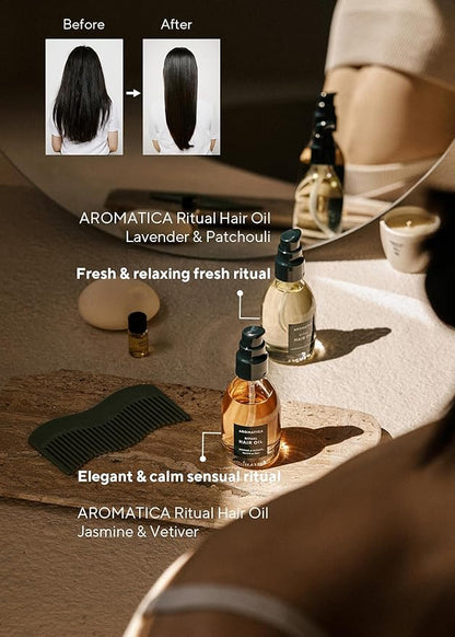 AROMATICA Ritual Lavender & Patchouli Hair Oil - Adds Shine and Smooths Split Ends - Blow Out Hair Oil for Damaged Hair - Nourishing for Dry Curly Hair - Silicone-Free & EWG Verified (1.6 fl oz)
