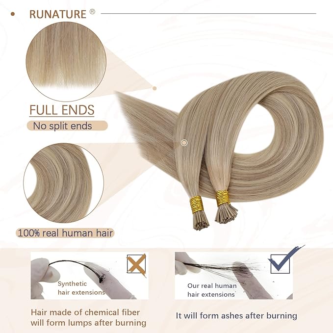 RUNATURE I Tip Extensions Human Hair，Real Human Hair Extensions I Tip, Balayage Silky Long Blonde Hair, Pre Bonded Soft Hair #1622 Golden Blonde with Light Blonde 14Inch 50G 50s