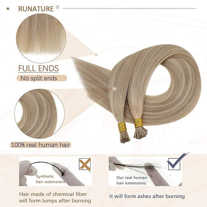 RUNATURE I Tip Extensions Human Hair，Real Human Hair Extensions I Tip, Balayage Silky Long Blonde Hair, Pre Bonded Soft Hair #1622 Golden Blonde with Light Blonde 14Inch 50G 50s