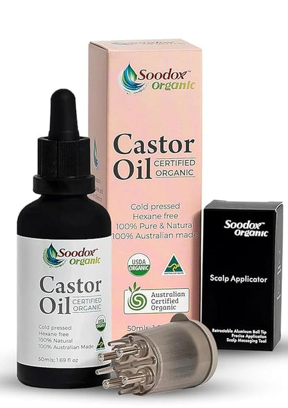 Organic Castor Oil 50mL | Cold Pressed & Unrefined | BONUS Scalp Applicator & Eyelash Brushes | Pure Castor Oil Organic for Hair Growth, Skin, Face & Nails | Australian Made | Glass Bottle