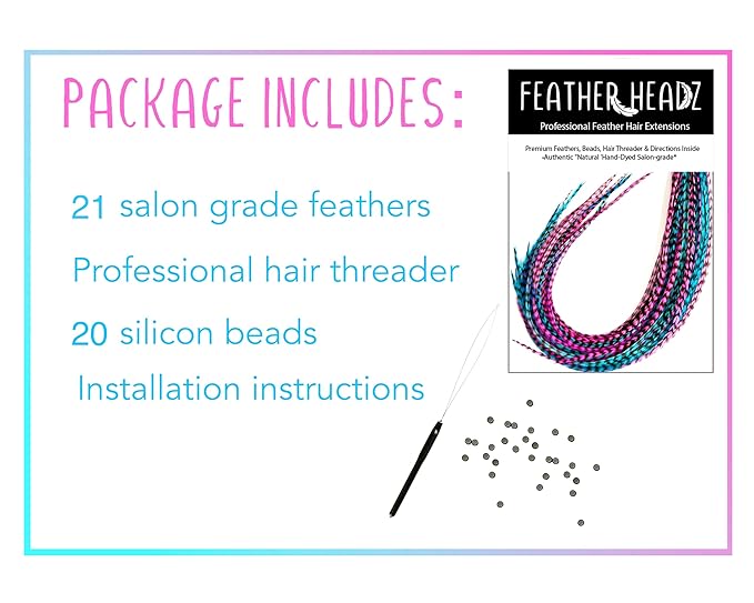 21 Hot Pink & Turquoise Grizzly Hair Extensions – 9”–14” Long – DIY Rooster Kit with 20 Micro-Link Beads – 100% Real Feathers – Eye-Catching Boho Style