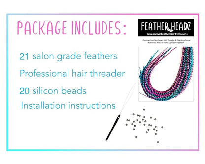 21 Hot Pink & Turquoise Grizzly Hair Extensions – 9”–14” Long – DIY Rooster Kit with 20 Micro-Link Beads – 100% Real Feathers – Eye-Catching Boho Style