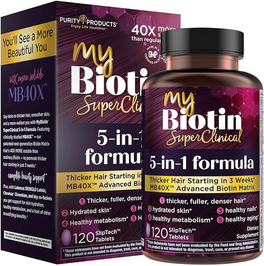 Purity Products MyBiotin SuperClinical New 5-in-1 Elite Multivitamin + MB40X Biotin Matrix Daily Multi - Thicker Hair Starting in 3 Weeks - 40X More Soluble vs Ordinary Hair Skin Nails - 120 Tabs