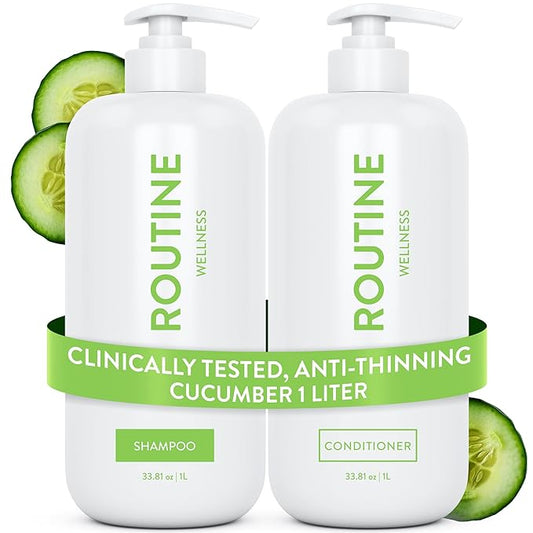 Routine Wellness 1 Liter Anti-Thinning Shampoo and Conditioner Set for Thinning Hair - Biotin DHT Blocker - Color Safe Shampoo for Hair Loss & Healthier Hair - 1 Liter Set - Cucumber