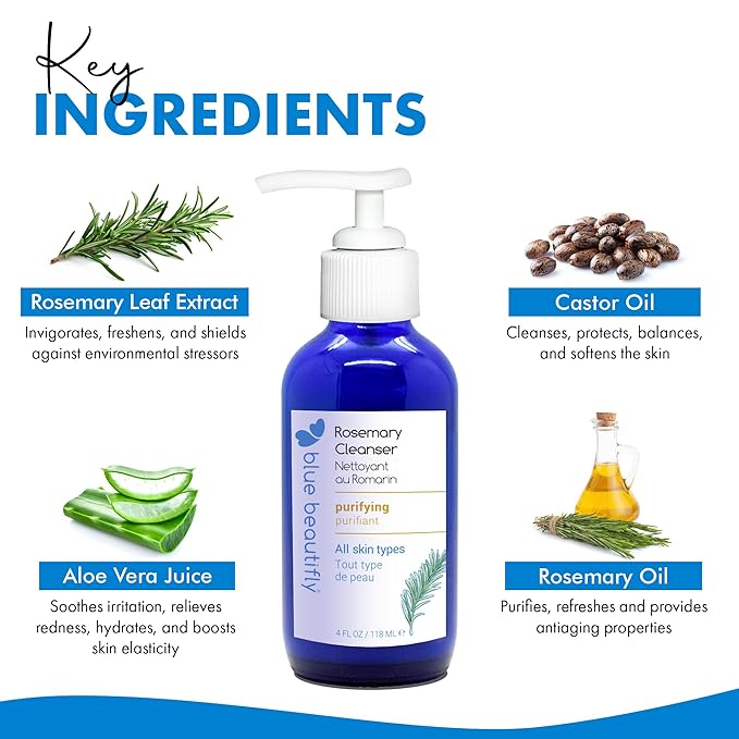 Blue Beautifly Rosemary Deep Pore Cleanser - Removes Dirt, Pollutants, & Makeup - No Sulfates, SLS, PEGs, Toxins, or Synthetics - Plant-based, Hypoallergenic, Dermatologically Tested - 4 fl oz