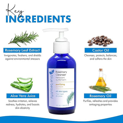 Blue Beautifly Rosemary Deep Pore Cleanser - Removes Dirt, Pollutants, & Makeup - No Sulfates, SLS, PEGs, Toxins, or Synthetics - Plant-based, Hypoallergenic, Dermatologically Tested - 4 fl oz