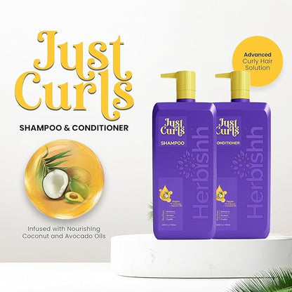 Herbishh Just Curls Coconut & Avocado Oil Infused Shampoo and Conditioner Set, Sulfate-free Vegan Kit for Curly, Nourished, Smooth Hair