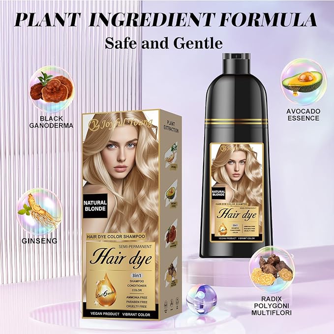 Natural Hair Dye Shampoo 3 IN 1, Hair Color for Gray Hair Coverage, Hair Coloring Shampoo for Women, Color Shampoo Beard Dye for Men, Vegan Ammonia Free Hair Shampoo (NATURAL BLONDE)