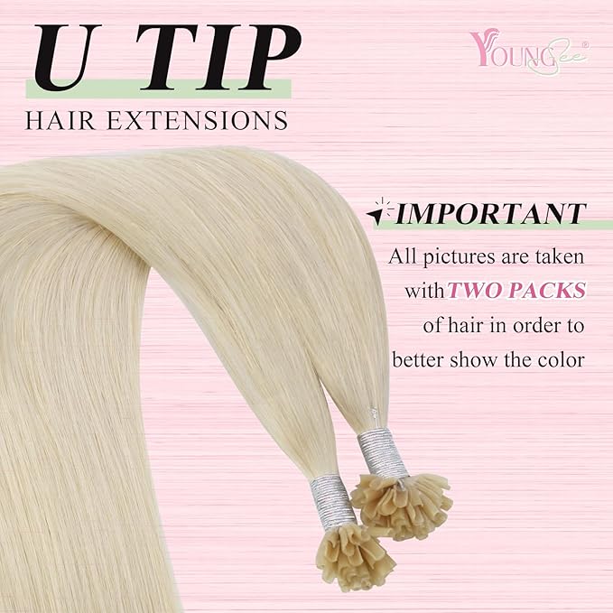 YoungSee U Tips Hair Extensions Real Human Hair Blonde U Tip Real Hair Extensions Platinum Blonde Hot Fusion Hair Extensions Human Hair Blonde K Tip Hair Extensions Human Hair for Women 16In 1G/S 50G