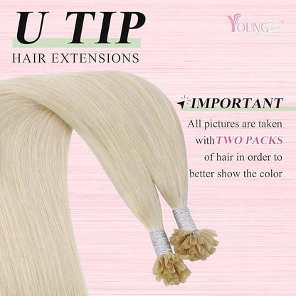 YoungSee U Tips Hair Extensions Real Human Hair Blonde U Tip Real Hair Extensions Platinum Blonde Hot Fusion Hair Extensions Human Hair Blonde K Tip Hair Extensions Human Hair for Women 16In 1G/S 50G