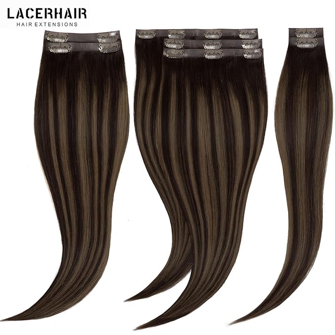 Lacer Clip in Hair Extensions Real Human Hair 16in 7Pcs Seamless Human Hair Clip in Extensions Balayage Natural Black to Chestnut Brown 18 Clips 110 Grams PU Skin Weft For Women