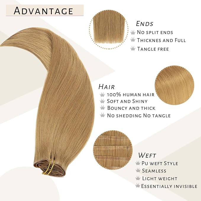Caliee Caramel Blonde Clip in Hair Extensions 18Inch Fashion Seamless Clip in Human Hair 7Pcs 110G 100% Real Human Hair Clip ins Beauty Silky Short Thick Straight Clip in Hair Extensions