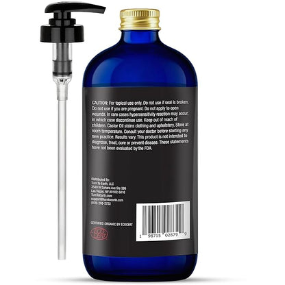 Organic Castor Oil, Cold Pressed, Glass Bottle, USDA Certified Premium Organic, Unrefined, Hexane Free, for Hair Growth, Radiant Skin, Eyebrows, Lashes and Fuller Hair, 16.9 oz w/ Pump (Made in USA)